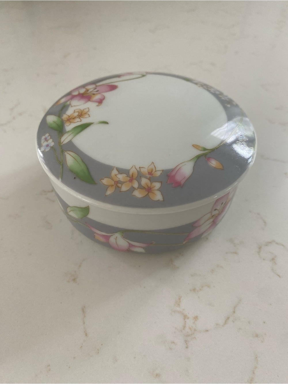 Floral Porcelain Trinket Box in Gray and Pink